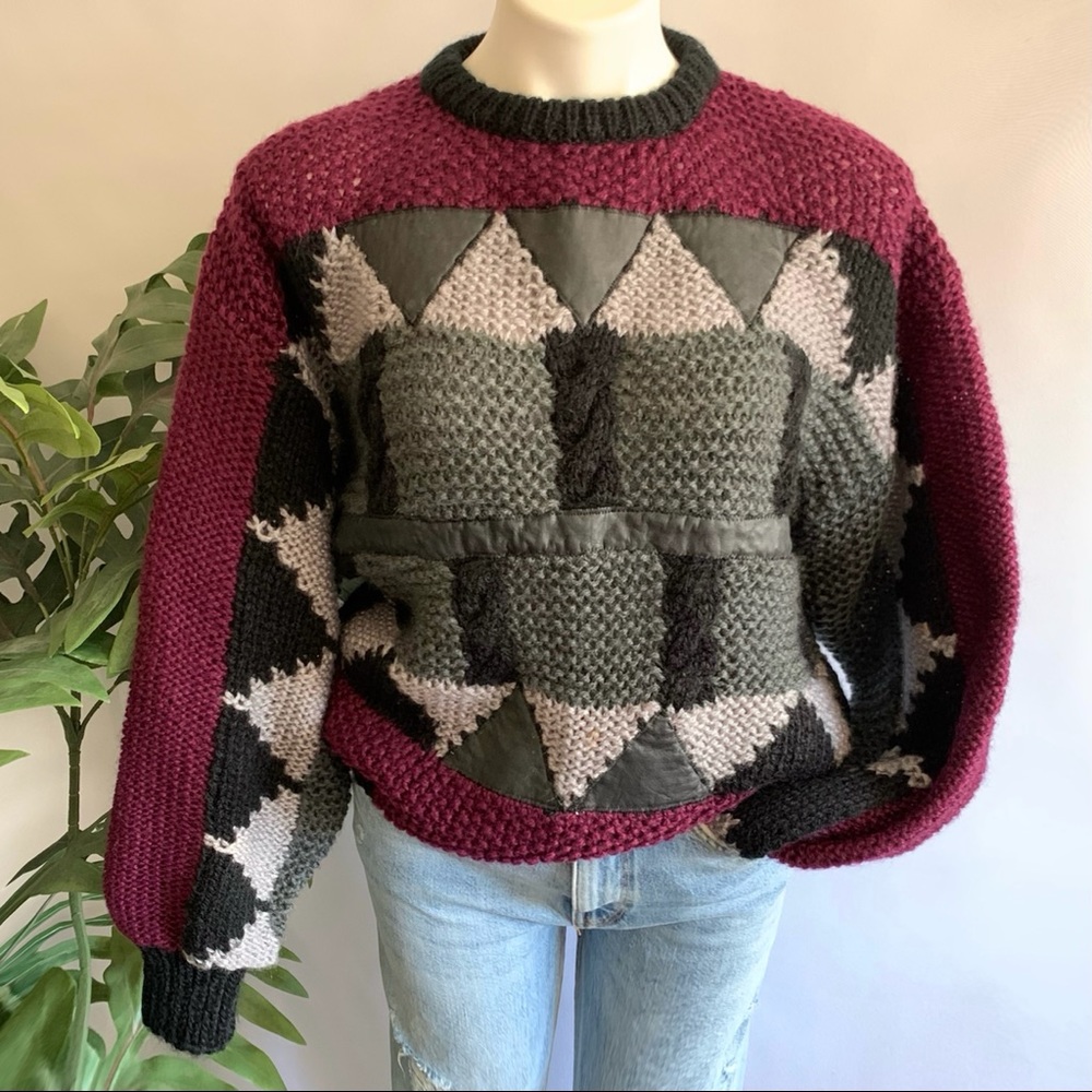v i n t a g e :: Heavy Intarsia Leather Patchwork Knit Sweater